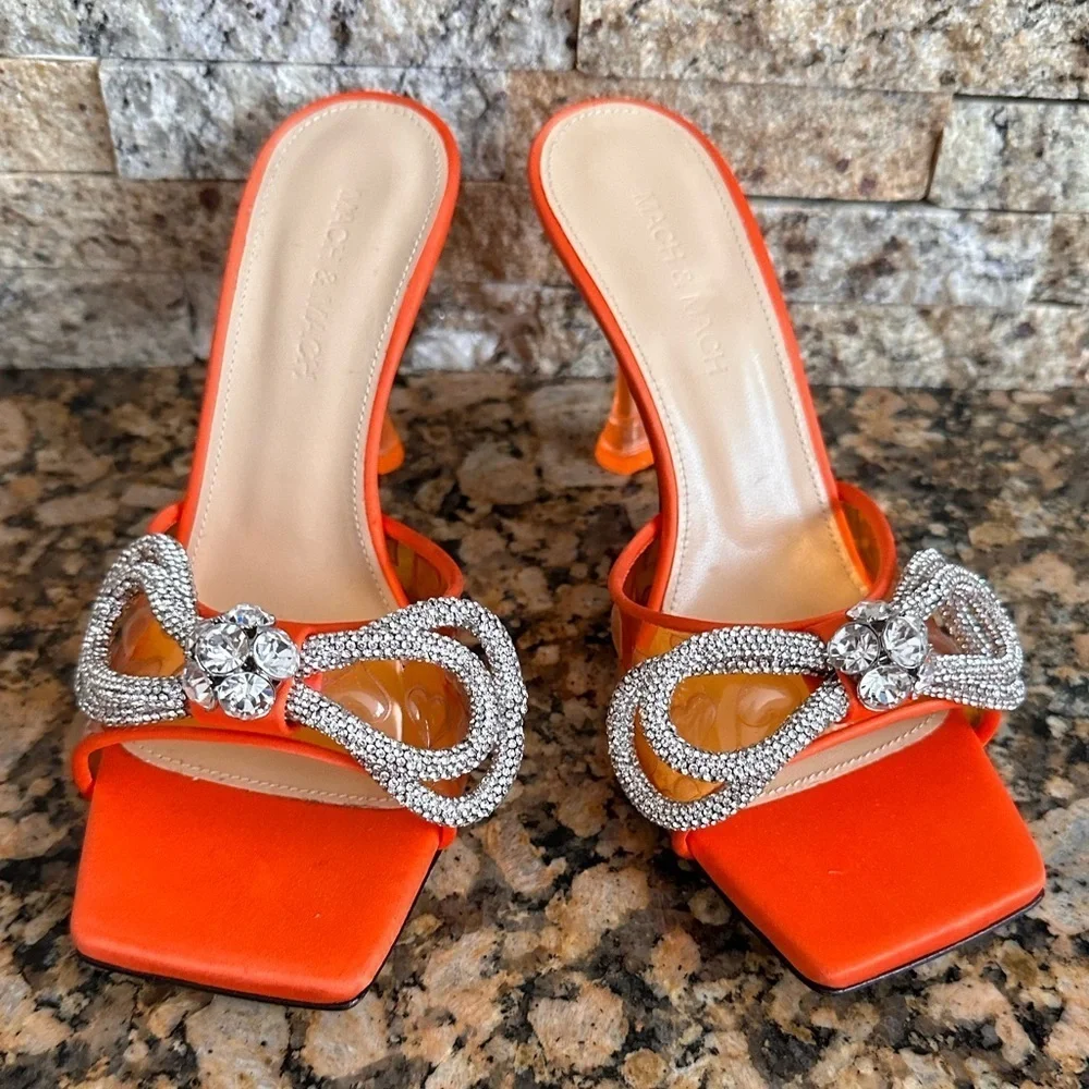 Mach & Mach Hearts Crystal Double Bow Square Toe Slide Sandal in Orange